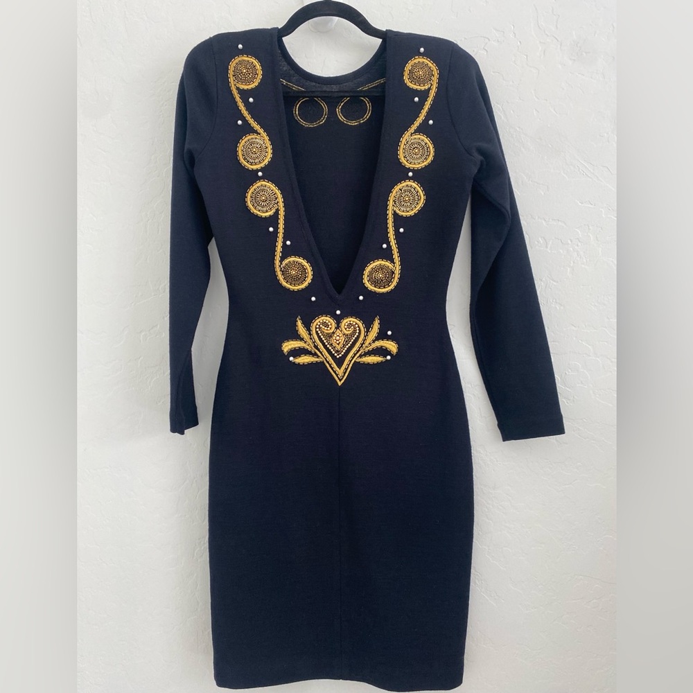 Vintage Fusion Dress Womens Sz P Black/Gold Embroidery Knit BodyCon Fitting